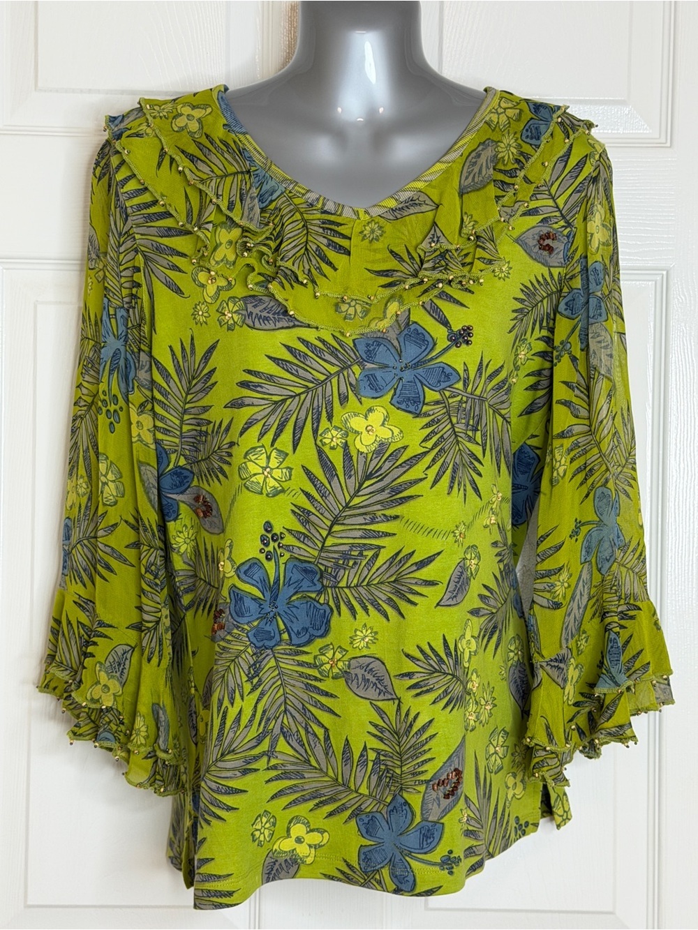 Multiples Tropical Floral Ruffle Sleeve Top Lime Green Size Medium